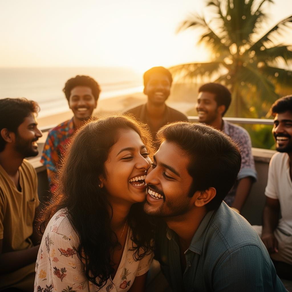 Friends laughing together at sunset in Sri Lanka